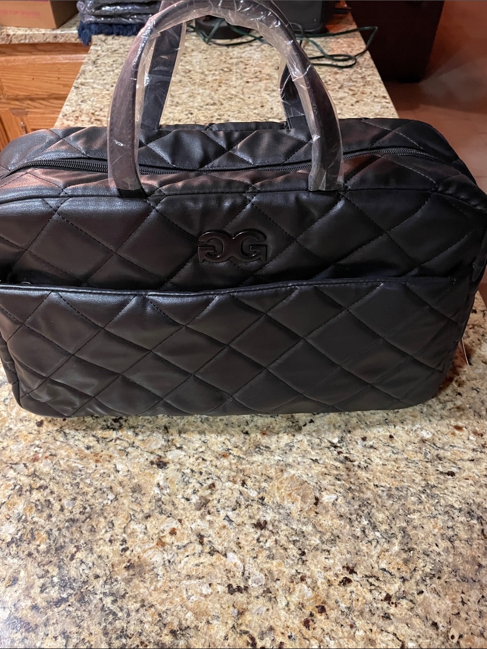 Quilted Black Travel Tote with Double G Accent